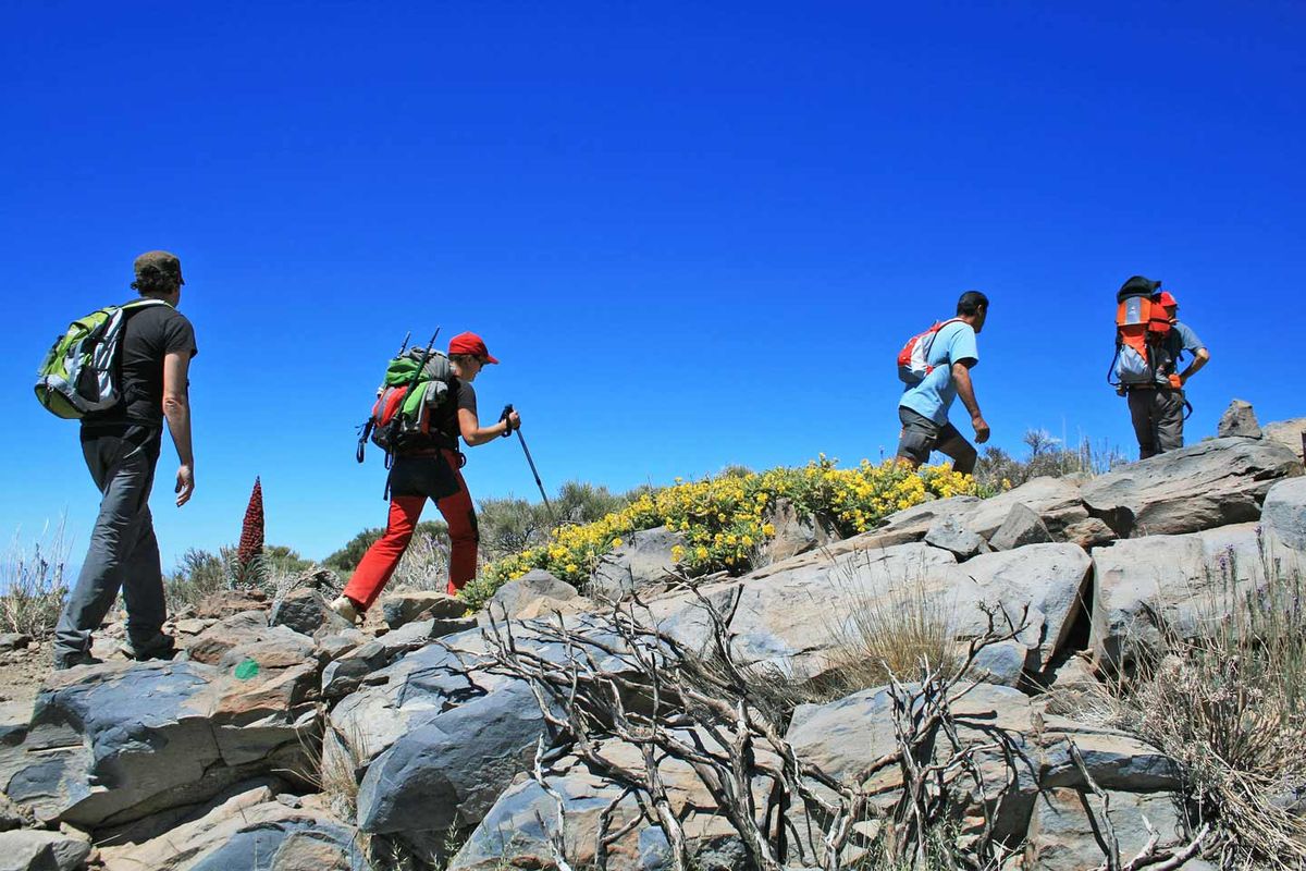 Backpackers hiking in Spain