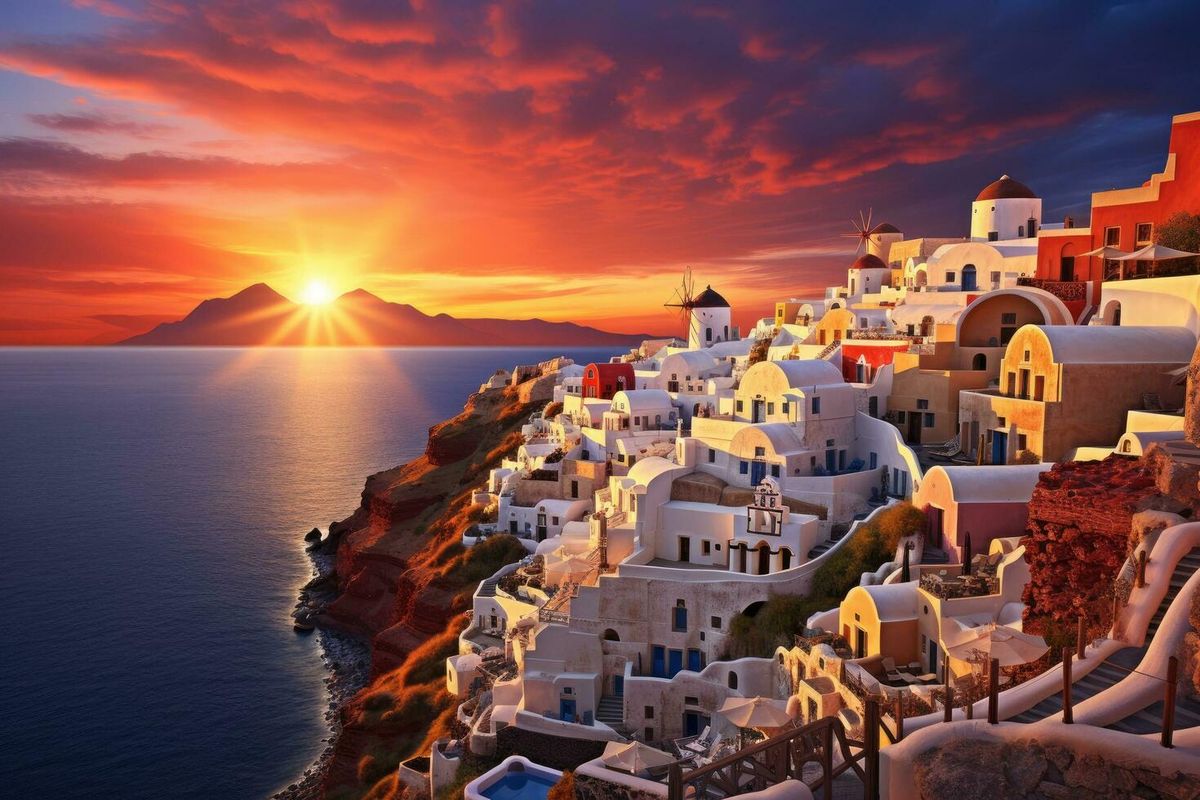 Santorini white buildings and blue domes